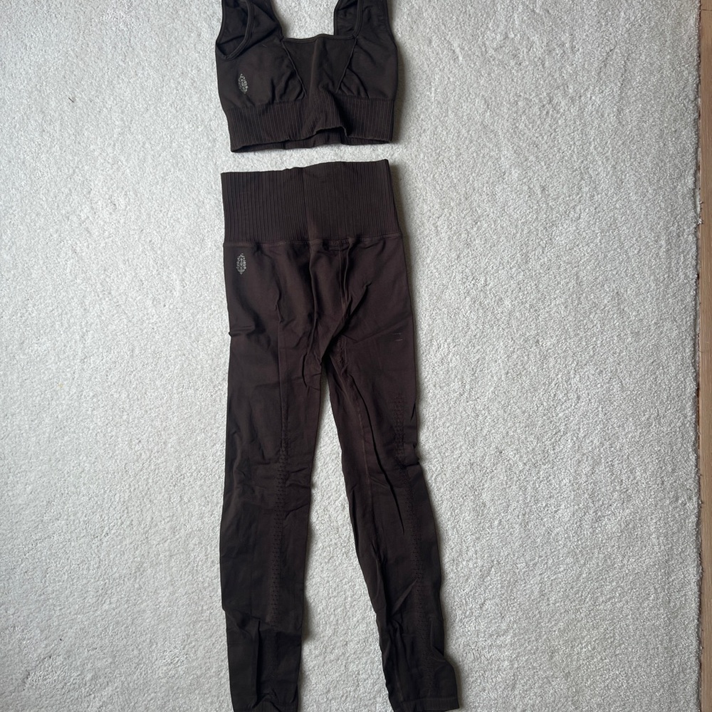 FP Movement Good Karma High Rise ⅞ Leggings & Square Neck Bra set in brown